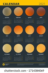 Calendar poster for 2021 year. A3 size template with place for 12 photo. Stationery design. Week starts on Monday
