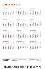 Calendar poster for 2021 year. Week starts on Monday. Printable vector stationery design template