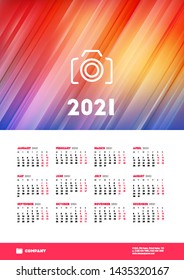 Calendar poster for 2021 year. Week starts on Monday. Printable vector stationery design template with abstract background