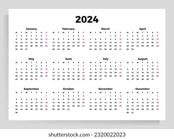 Calendar poster for 2024. Vector horizontal template A4 format.