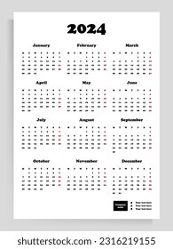 Calendar poster for 2024. Vector vertical template A4 format.