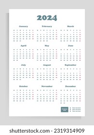 Calendar poster for 2024. Vector vertical template A4 format.