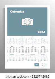 Calendar poster for 2024. Vector vertical template A4 format with place for your image.