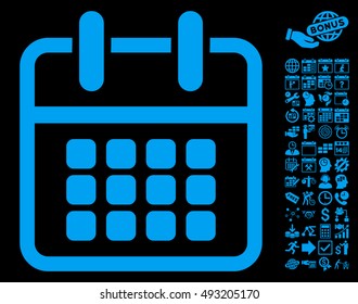 Calendar Poster icon with bonus calendar and time management pictogram. Vector illustration style is flat iconic symbols, blue color, black background.