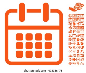 Calendar Poster pictograph with bonus calendar and time management clip art. Vector illustration style is flat iconic symbols, orange color, white background.