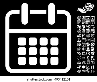 Calendar Poster pictograph with bonus calendar and time management symbols. Vector illustration style is flat iconic symbols, white color, black background.