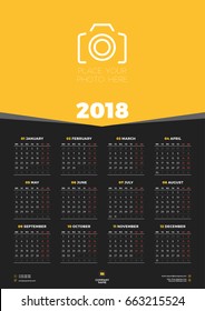 Calendar Poster Template for 2018 Year. Week starts on Monday. Stationery Design. Vector Calendar Design with Place for Photo