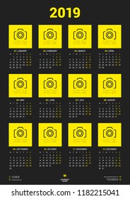 Calendar poster template for 2019 year. Week starts on Monday. Stationery design. Vector calendar with place for photo on dark background