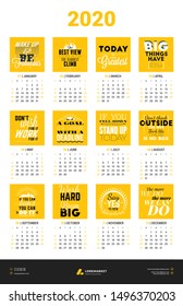 Calendar Poster Template for 2020 Year. Week starts on Sunday. Stationery Design. Vector Calendar with Motivational Quotes