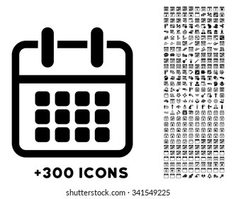 Calendar Poster vector pictogram with additional 300 date and time management icons. Style is flat symbols, black color, rounded angles, white background.