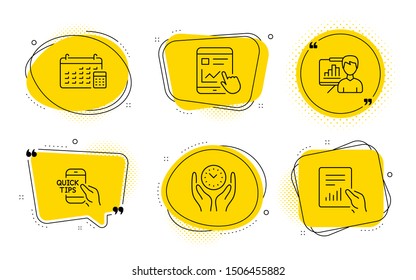Calendar, Presentation board and Document signs. Chat bubbles. Safe time, Internet report and Education line icons set. Management, Web tutorial, Quick tips. Calculator device. Education set. Vector