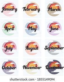 calendar print, months print with rainbow.