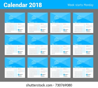 Calendar print template for 2018 year. Week starts on Monday. Set of 12 pages. Vector design template with place for photo