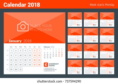 Plantilla de impresión del calendario para 2018. La semana empieza el lunes. Conjunto de 12 páginas. Plantilla de diseño de vectores con lugar para foto