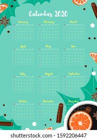 Calendar printable A4 grid 2020. Minimal annual vertical template planner. Composition cup of coffee, orange, leaf, roll, star anise on green background. Vector Illustration