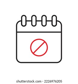 El calendario está prohibido en el diseño de iconos. Detener o prohibir la señal redonda roja con el icono del calendario. aislado de fondo blanco. Ilustración vectorial. 