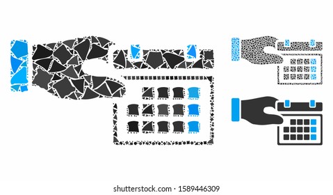 Calendar properties hand composition of joggly items in variable sizes and shades, based on calendar properties hand icon. Vector raggy items are composed into composition.