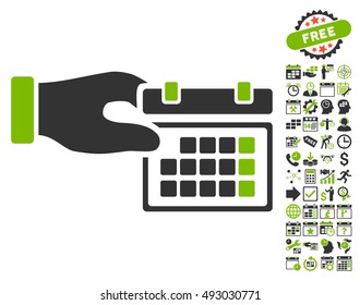 Calendar Properties Hand icon with bonus calendar and time management pictures. Vector illustration style is flat iconic bicolor symbols, eco green and gray colors, white background.
