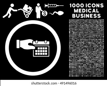 Calendar Properties icon with 1000 medical business white vector design elements. Collection style is flat symbols, black background.