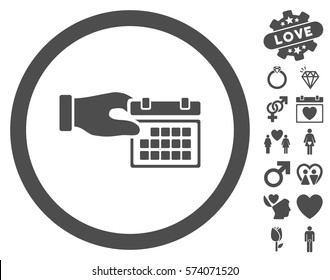 Calendar Properties icon with bonus decorative icon set. Vector illustration style is flat rounded iconic gray symbols on white background.