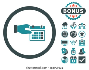 Calendar Properties icon with bonus images. Vector illustration style is flat iconic bicolor symbols, soft blue colors, white background.