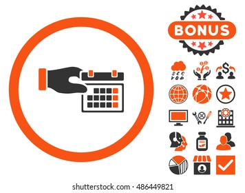 Calendar Properties icon with bonus pictogram. Vector illustration style is flat iconic bicolor symbols, orange and gray colors, white background.