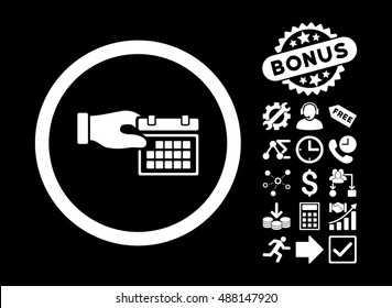 Calendar Properties icon with bonus pictogram. Vector illustration style is flat iconic symbols, white color, black background.