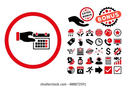 Calendar Properties icon with bonus pictogram. Vector illustration style is flat iconic bicolor symbols, intensive red and black colors, white background.