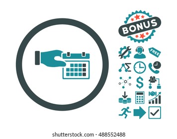 Calendar Properties pictograph with bonus pictures. Vector illustration style is flat iconic bicolor symbols, soft blue colors, white background.