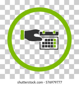 Calendar Properties rounded icon. Vector bicolor illustration style is a flat iconic symbol inside a circle, eco green and gray colors, transparent background.