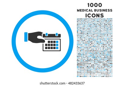 Calendar Properties rounded vector bicolor icon with 1000 medical business icons. Set style is flat pictograms, blue and gray colors, white background.