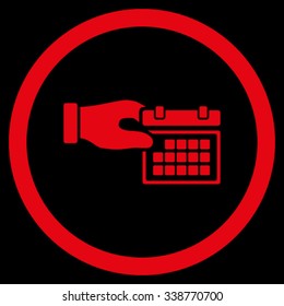 Calendar Properties vector icon. Style is flat rounded symbol, red color, rounded angles, black background.