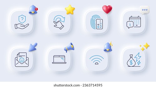 Calendar, Protection shield and Card line icons. Buttons with 3d bell, chat speech, cursor. Pack of Electricity price, Rotation gesture, Wifi icon. Smile, Laptop pictogram. Vector