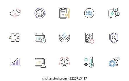 Calendar, Puzzle and Fake news line icons for website, printing. Collection of Graph chart, Coronavirus spray, Notification icons. Recovery hdd, Weather thermometer, Stress web elements. Vector