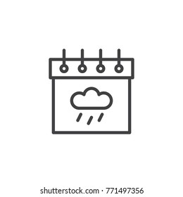 Calendar with rainy cloud line icon, outline vector sign, linear style pictogram isolated on white. Autumn season symbol, logo illustration. Editable stroke