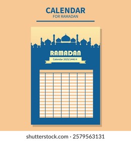 calendar for ramadan, with arabic ornaments and illustration of a mosque in blue and cream