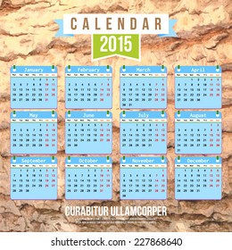 Calendar with realistic bark texture 2015 design, English, Monday start. Vector illustration