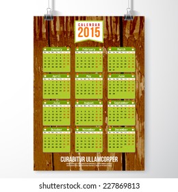 Calendar with  realistic wood texture 2015 design, English, Monday start. Vector illustration