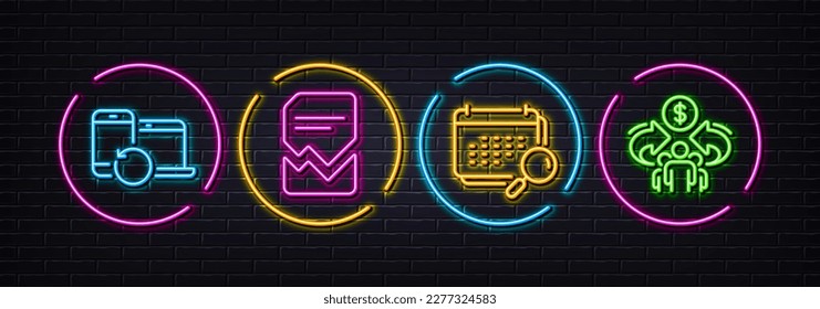 Calendar, Recovery devices and Corrupted file minimal line icons. Neon laser 3d lights. Sharing economy icons. For web, application, printing. Search appointment, Backup data, Damaged document. Vector