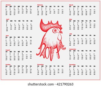 Calendar with red hand-drawn rooster. 2017. Vector illustration for your graphic design.