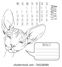 Calendar reminder with cute graphic cat in vector 2018