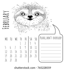 Calendar reminder with cute graphic sloth in vector 2018