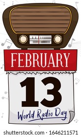 Calendar with reminder date and antique table top radio transistor promoting World Radio Day event this 13th February.