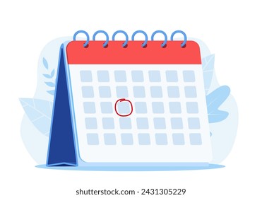 Kalender Erinnerung Datum Spiralsymbol und roter Kreis, Stil Einfacher Kalender, . Markieren Sie Datum, Feiertag, wichtige Tageskonzepte. Vektor-Illustration im flachen Stil