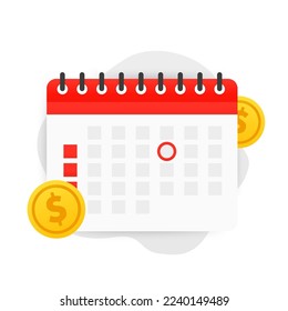 Calendar reminder. Calendar deadline, event push notification. Notifications for business planning, events, reminders, daily schedule, meeting, important date, payday, gold coins. Vector illustration