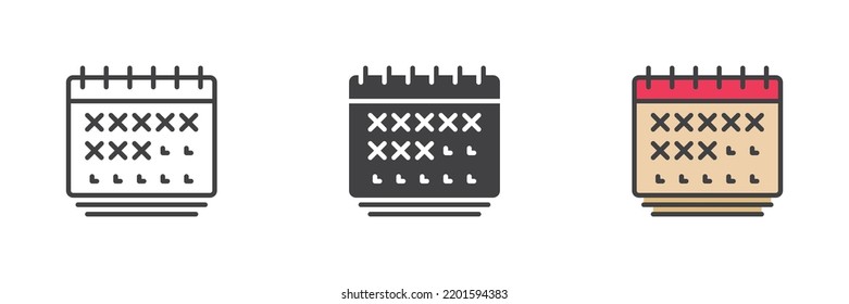Calendar reminder different style icon set. Line, glyph and filled outline colorful version, appointments outline and filled vector sign. Symbol, logo illustration. Vector graphics
