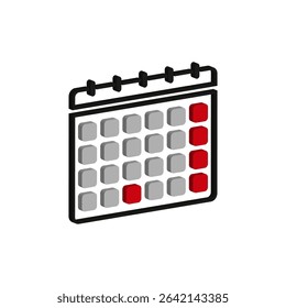 Calendar reminder icon. Monthly grid shape. Red marked days. Vector planning symbol.
