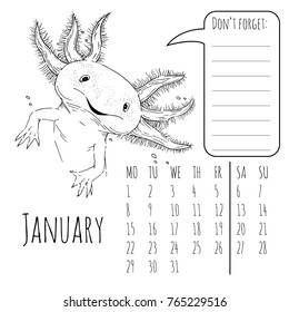 Calendar reminder for january with cute graphic axolotl in vector 2018