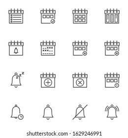 Calendar reminder line icons set. linear style symbols collection, schedule notice outline signs pack. vector graphics. Set includes icons as calendar page, agenda, time management, to do list, bell