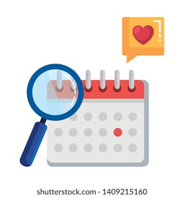calendar reminder with magnifying glass and speech bubble